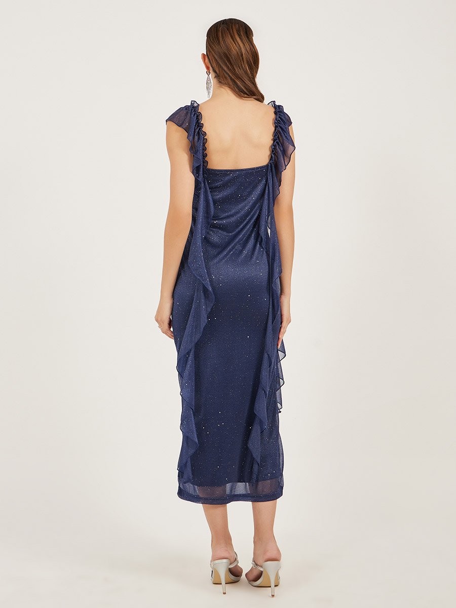 Glittered Ruffled Sheath Midi Dress