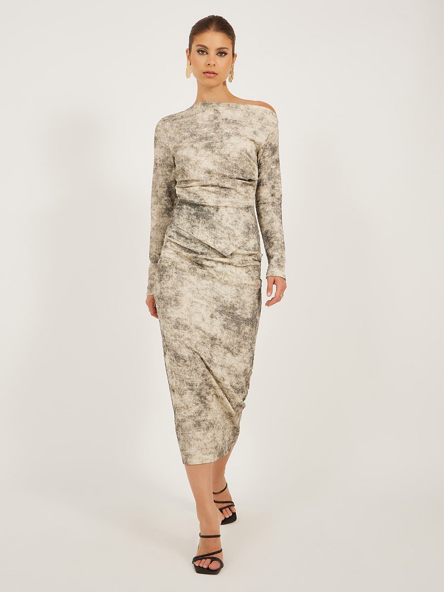 Printed One Shoulder Bodycon Midi Dress