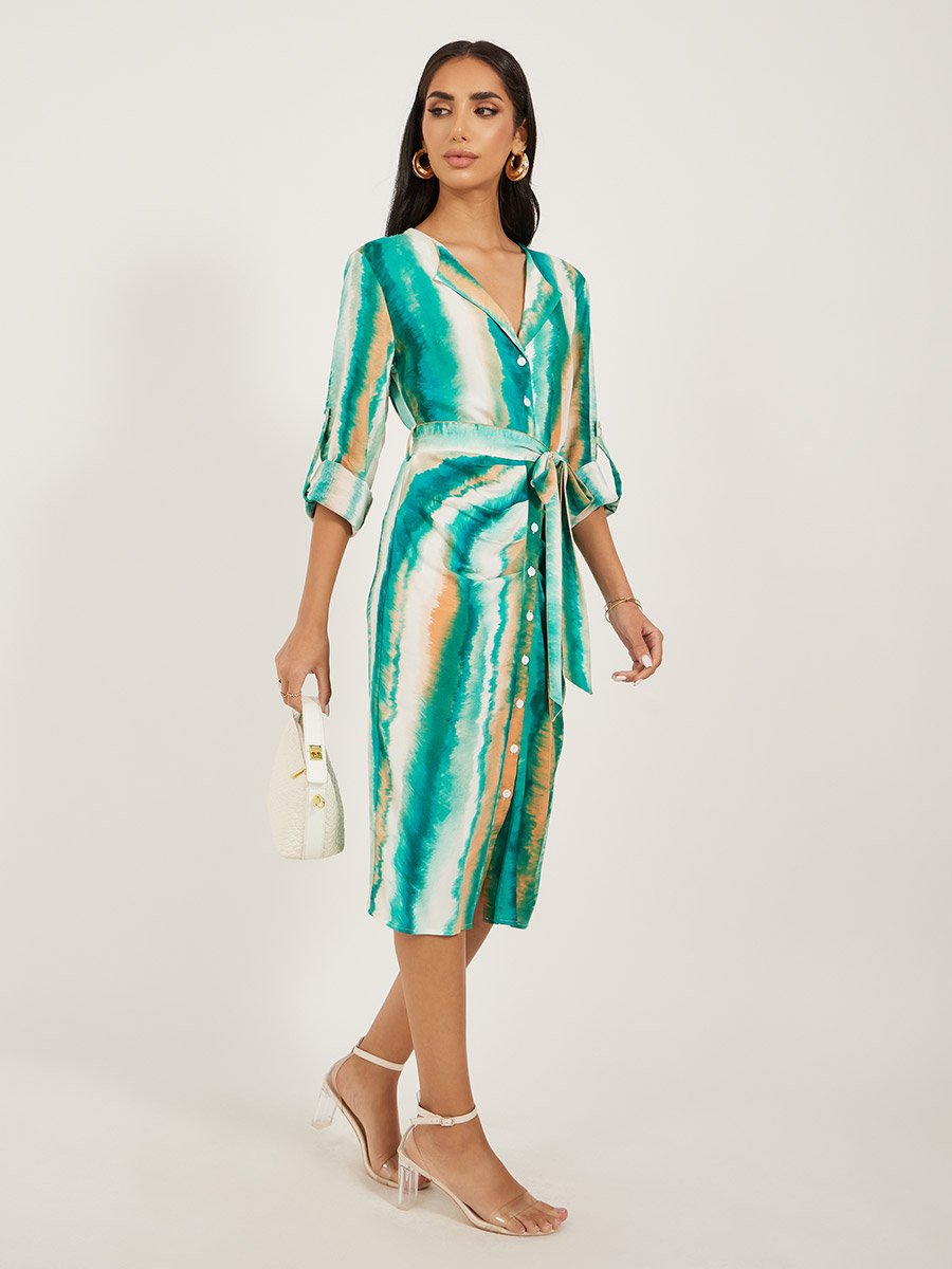 Tie and Dye Print Tie Detail Shirt Midi Dress
