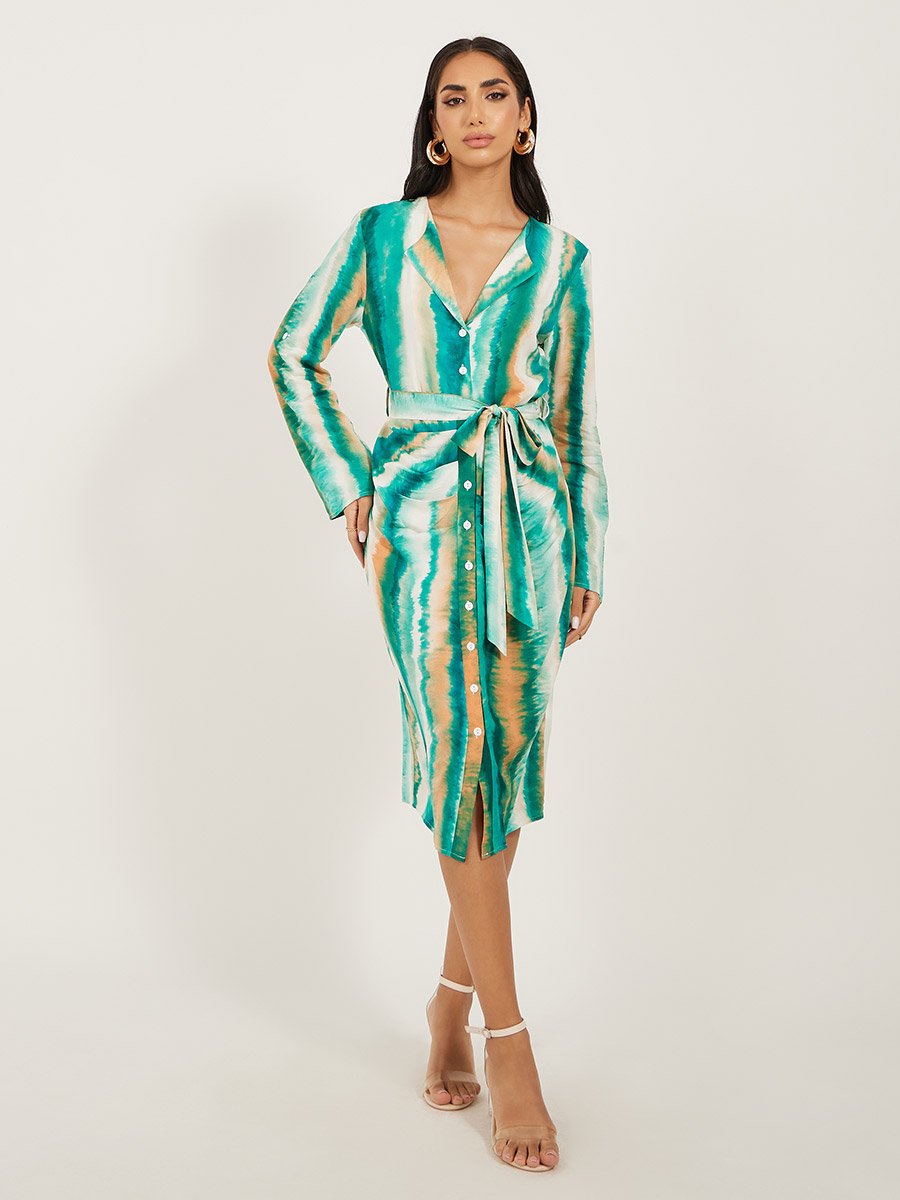 Tie and Dye Print Tie Detail Shirt Midi Dress