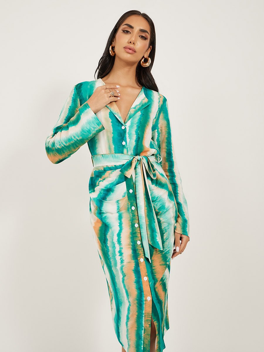 Tie and Dye Print Tie Detail Shirt Midi Dress