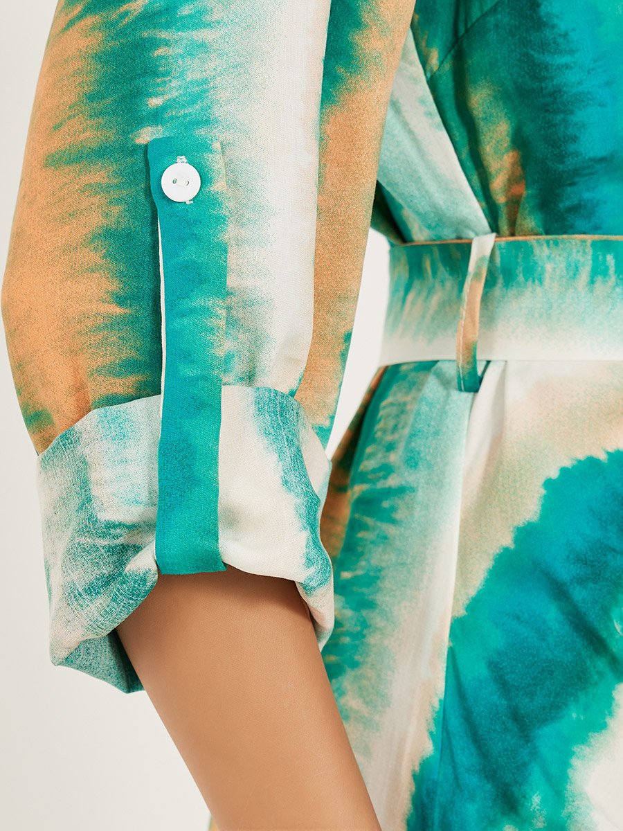 Tie and Dye Print Tie Detail Shirt Midi Dress