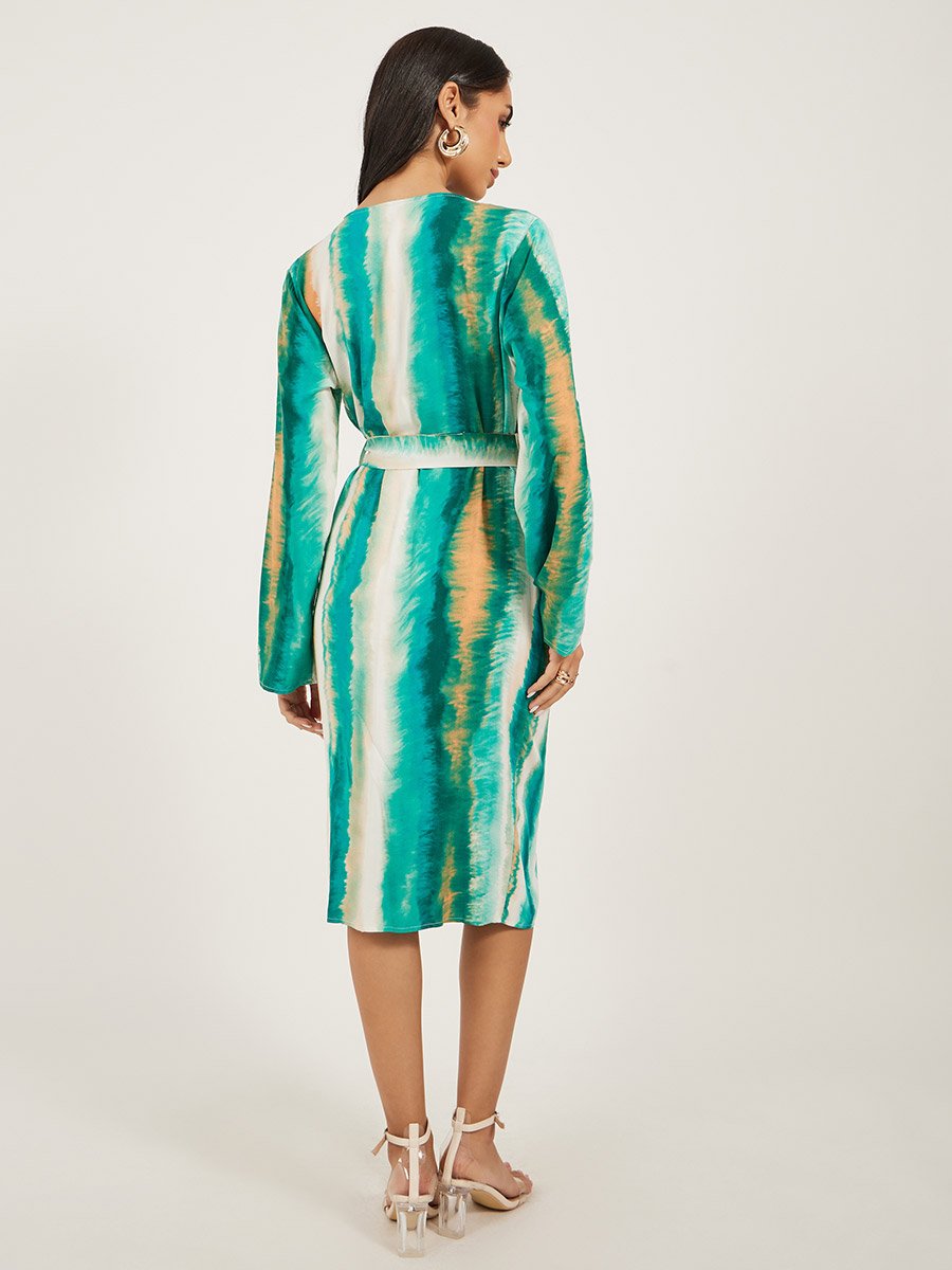 Tie and Dye Print Tie Detail Shirt Midi Dress