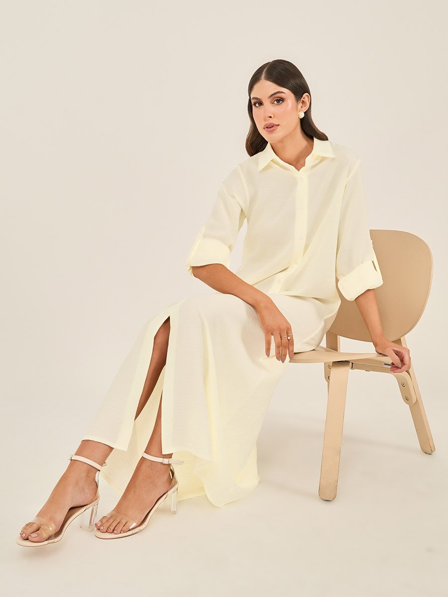 Solid Collared A-Line Shirt Maxi Dress