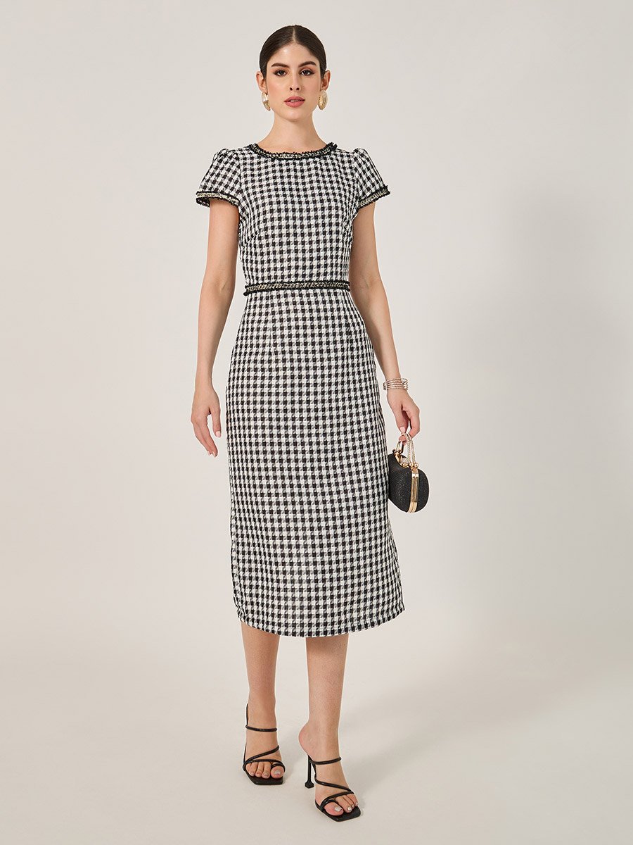 Checked Short Sleeve Bodycon Midi Dress For Women at Saudi | Styli