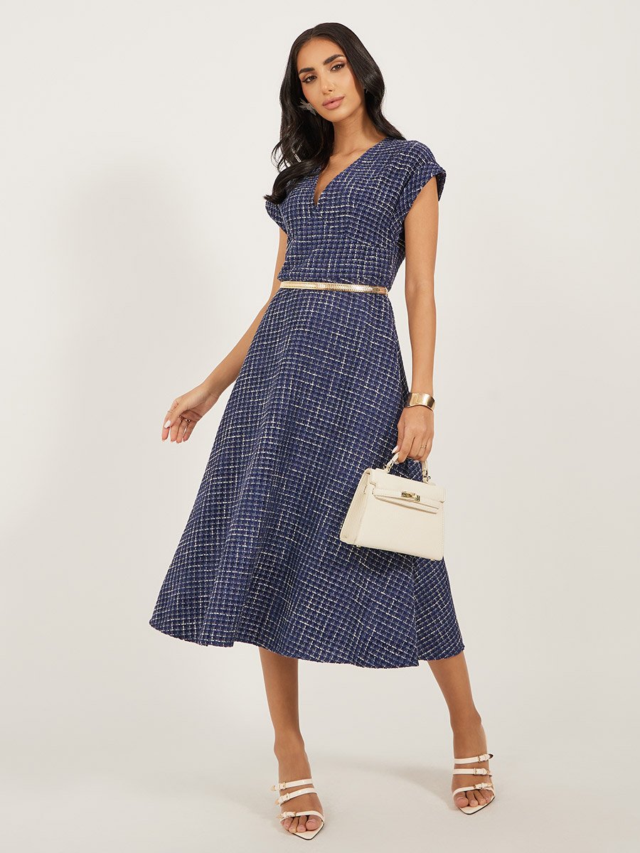 Tweed Cap Sleeves A-Line Midi Dress with Chain Belt