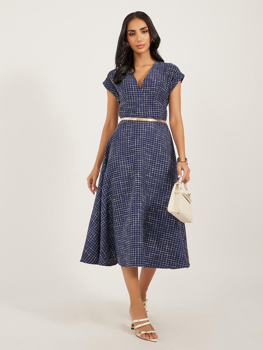 Tweed Cap Sleeves A-Line Midi Dress with Chain Belt