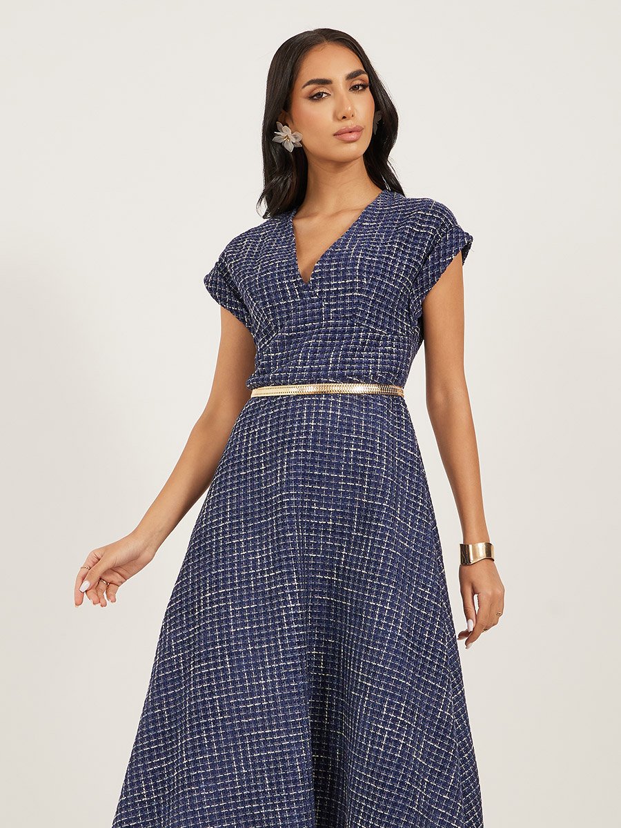 Tweed Cap Sleeves A-Line Midi Dress with Chain Belt