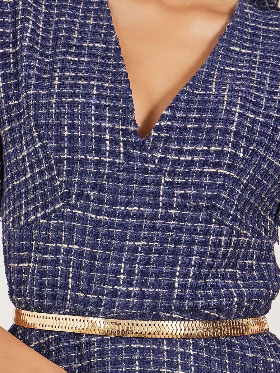 Tweed Cap Sleeves A-Line Midi Dress with Chain Belt