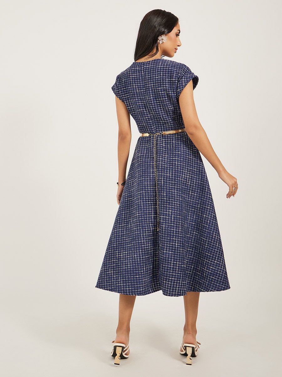 Tweed Cap Sleeves A-Line Midi Dress with Chain Belt