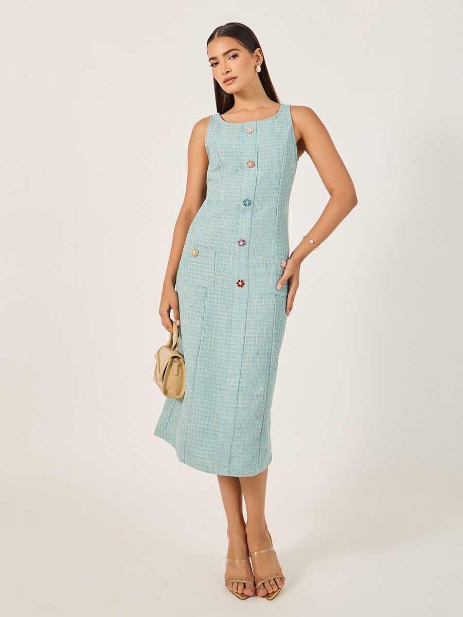 Tweed Sleeveless A-Line Midi Dress with Button Detail