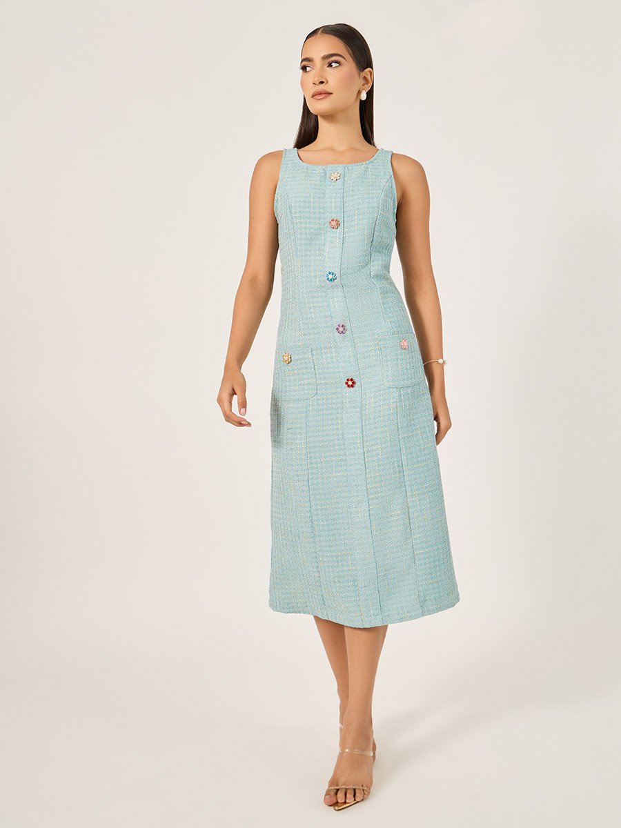 Tweed Sleeveless A-Line Midi Dress with Button Detail