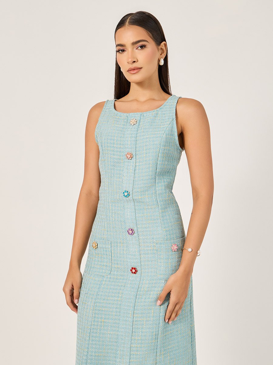 Tweed Sleeveless A-Line Midi Dress with Button Detail
