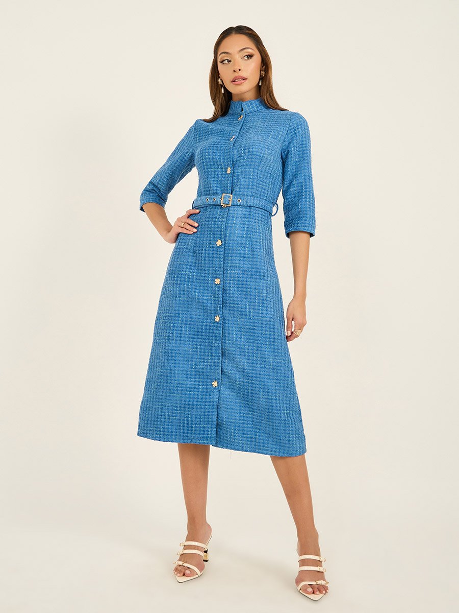 Tweed A-Line Belted Midi Dress with 3/4th Sleeves