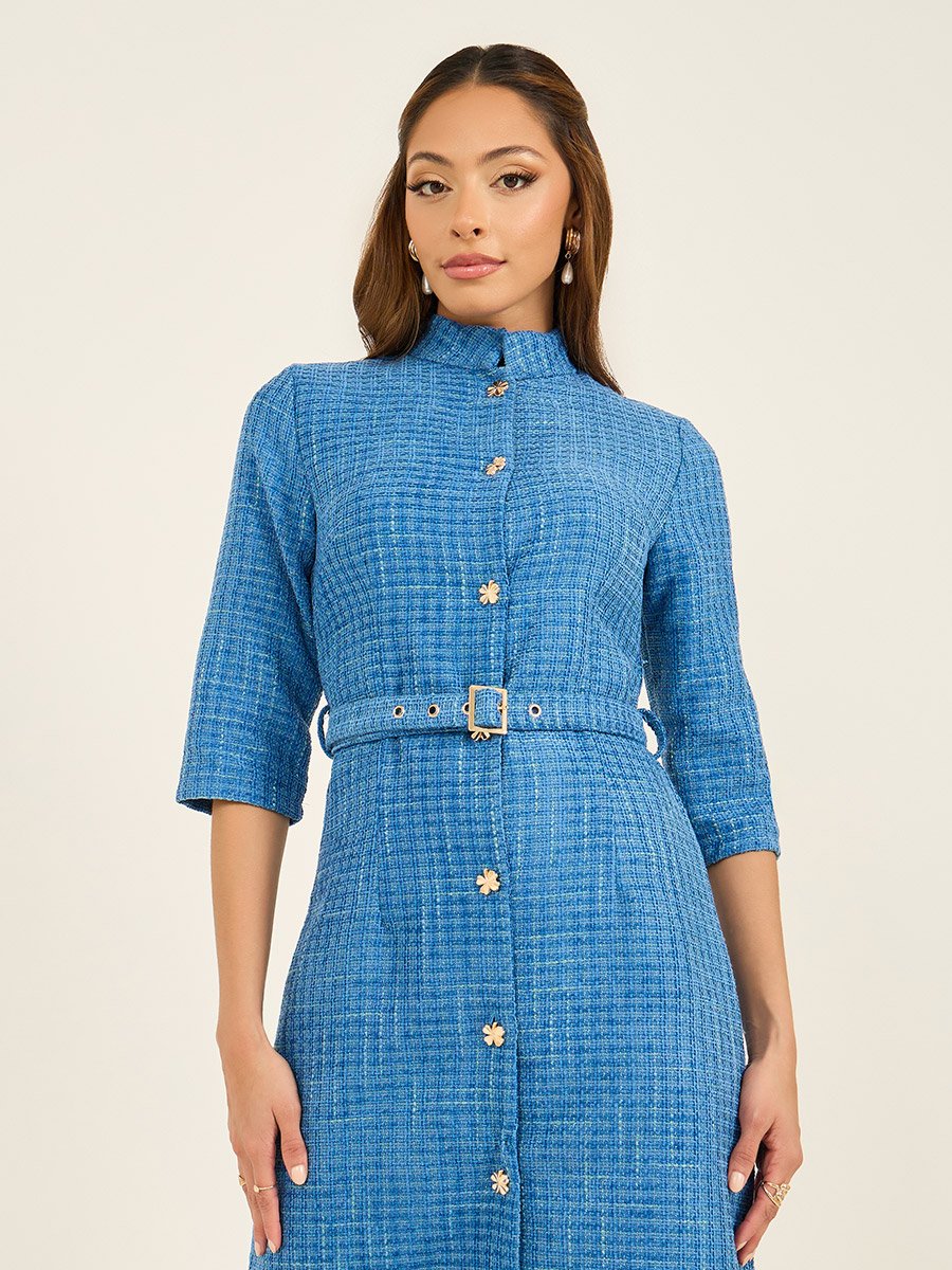 Tweed A-Line Belted Midi Dress with 3/4th Sleeves