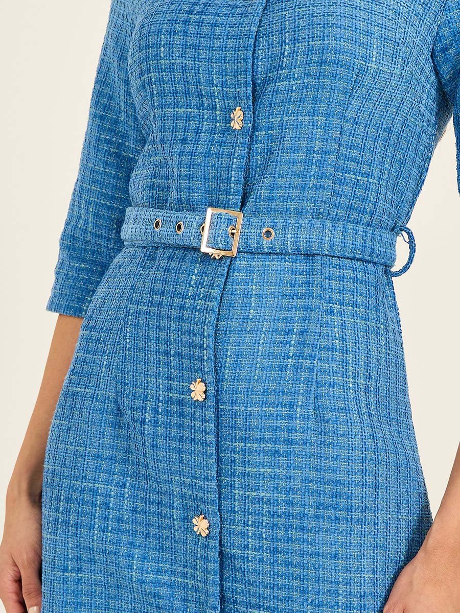 Tweed A-Line Belted Midi Dress with 3/4th Sleeves