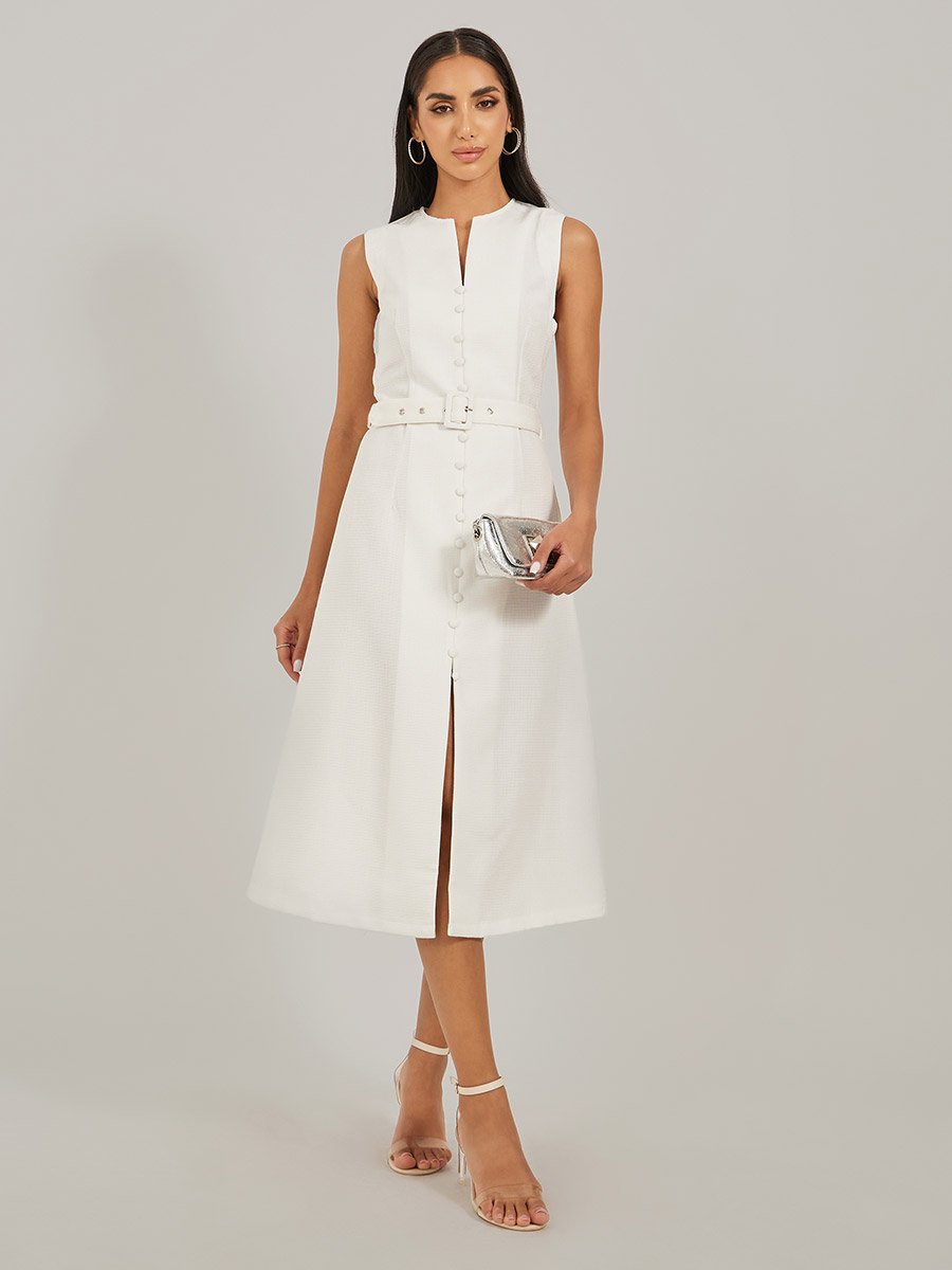 Solid Sleeveless A-Line Midi Dress with Belted Detail