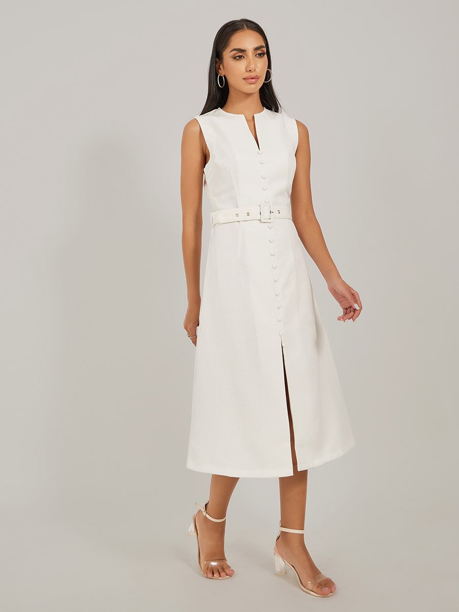 Solid Sleeveless A-Line Midi Dress with Belted Detail
