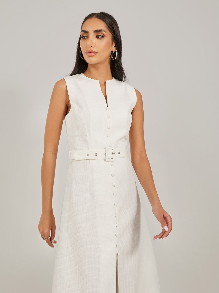 Solid Sleeveless A-Line Midi Dress with Belted Detail