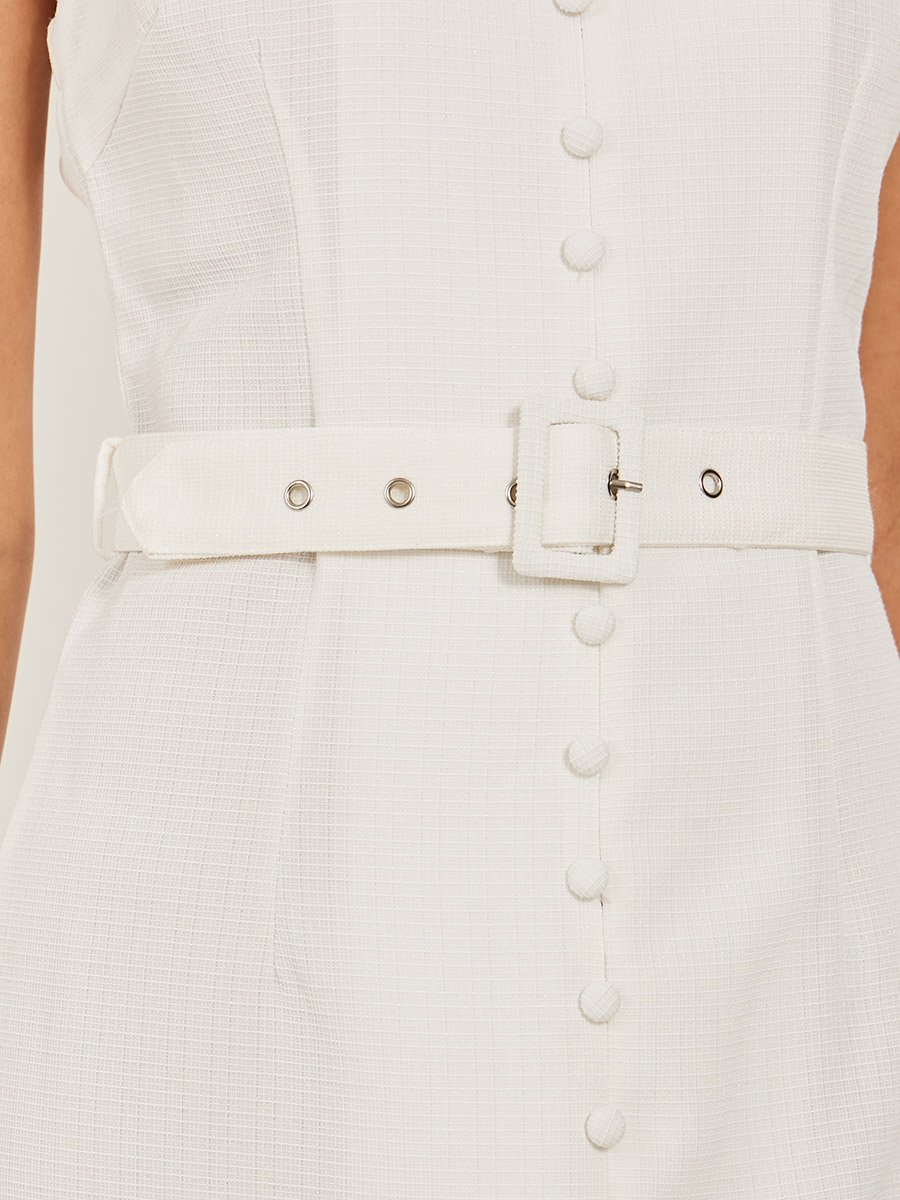 Solid Sleeveless A-Line Midi Dress with Belted Detail