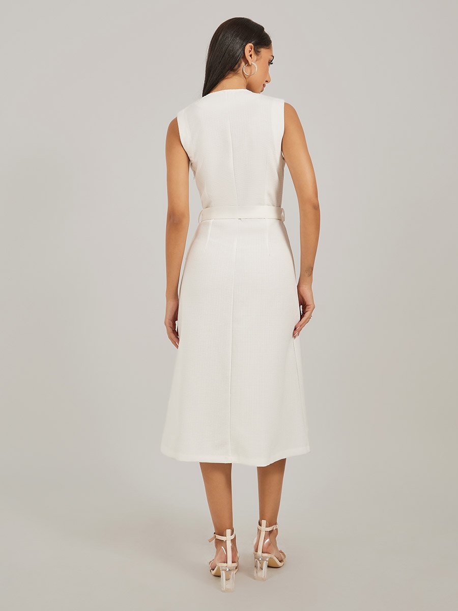 Solid Sleeveless A-Line Midi Dress with Belted Detail
