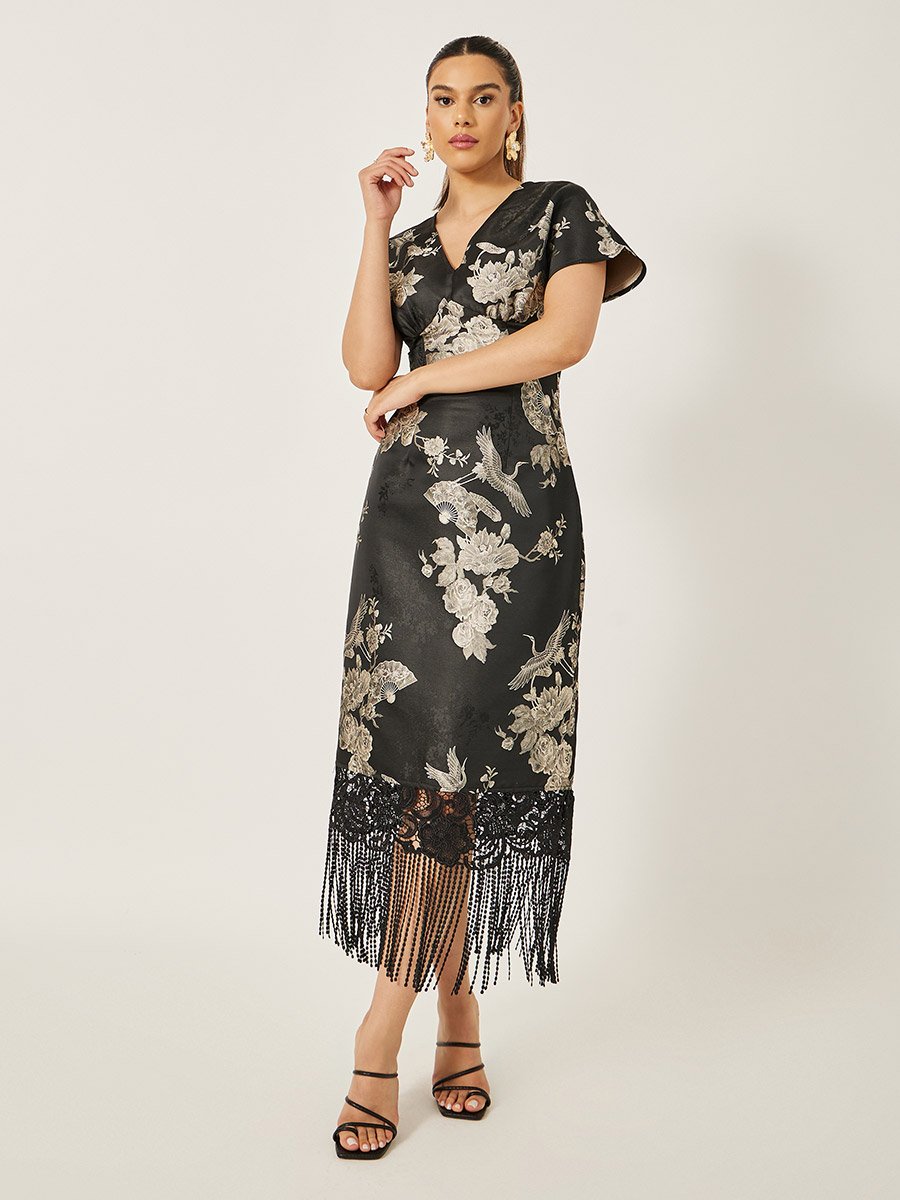 Floral Print Short Sleeves Tasseled Hem Sheath Midi Dress