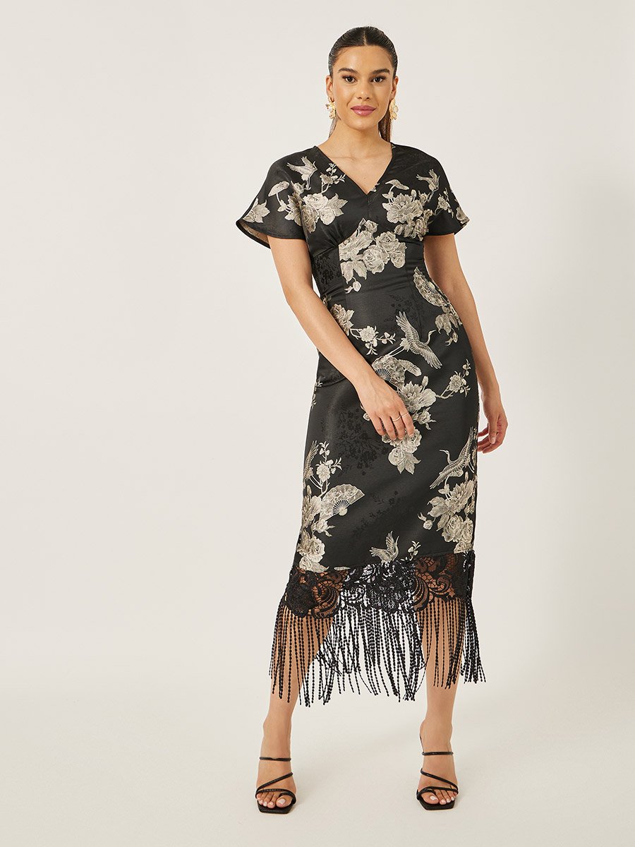 Floral Print Short Sleeves Tasseled Hem Sheath Midi Dress