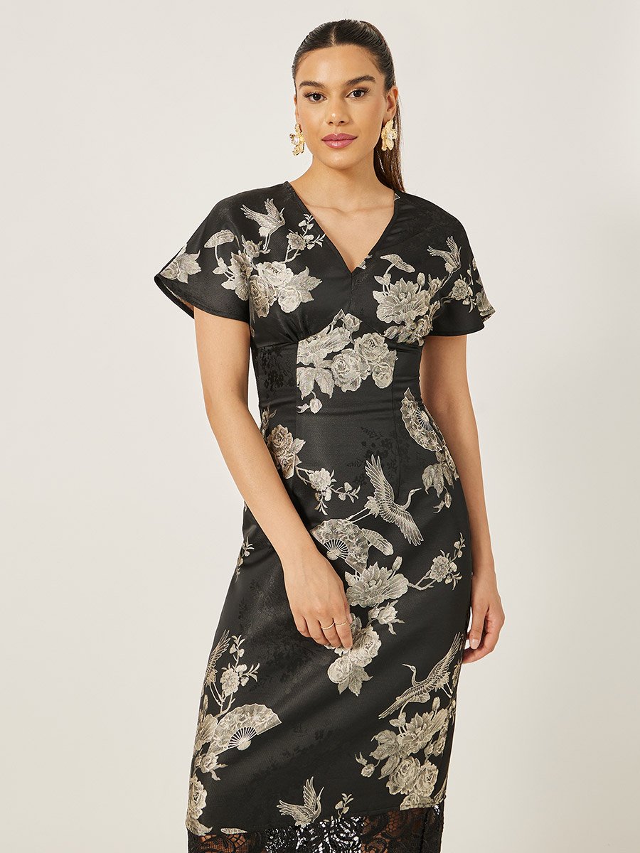 Floral Print Short Sleeves Tasseled Hem Sheath Midi Dress