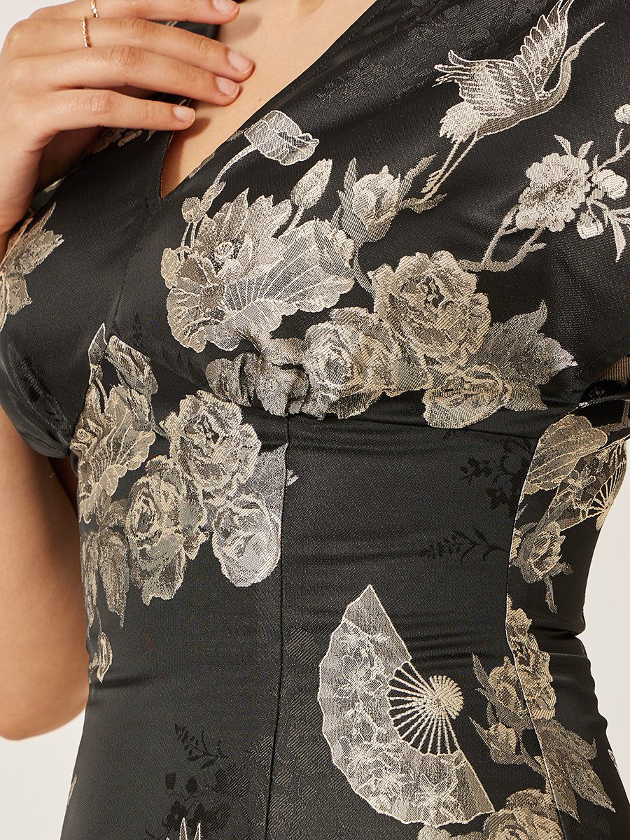 Floral Print Short Sleeves Tasseled Hem Sheath Midi Dress