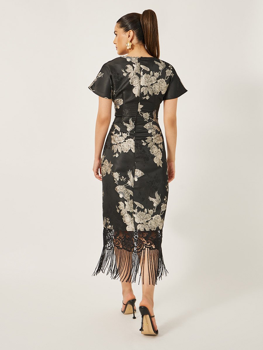 Floral Print Short Sleeves Tasseled Hem Sheath Midi Dress