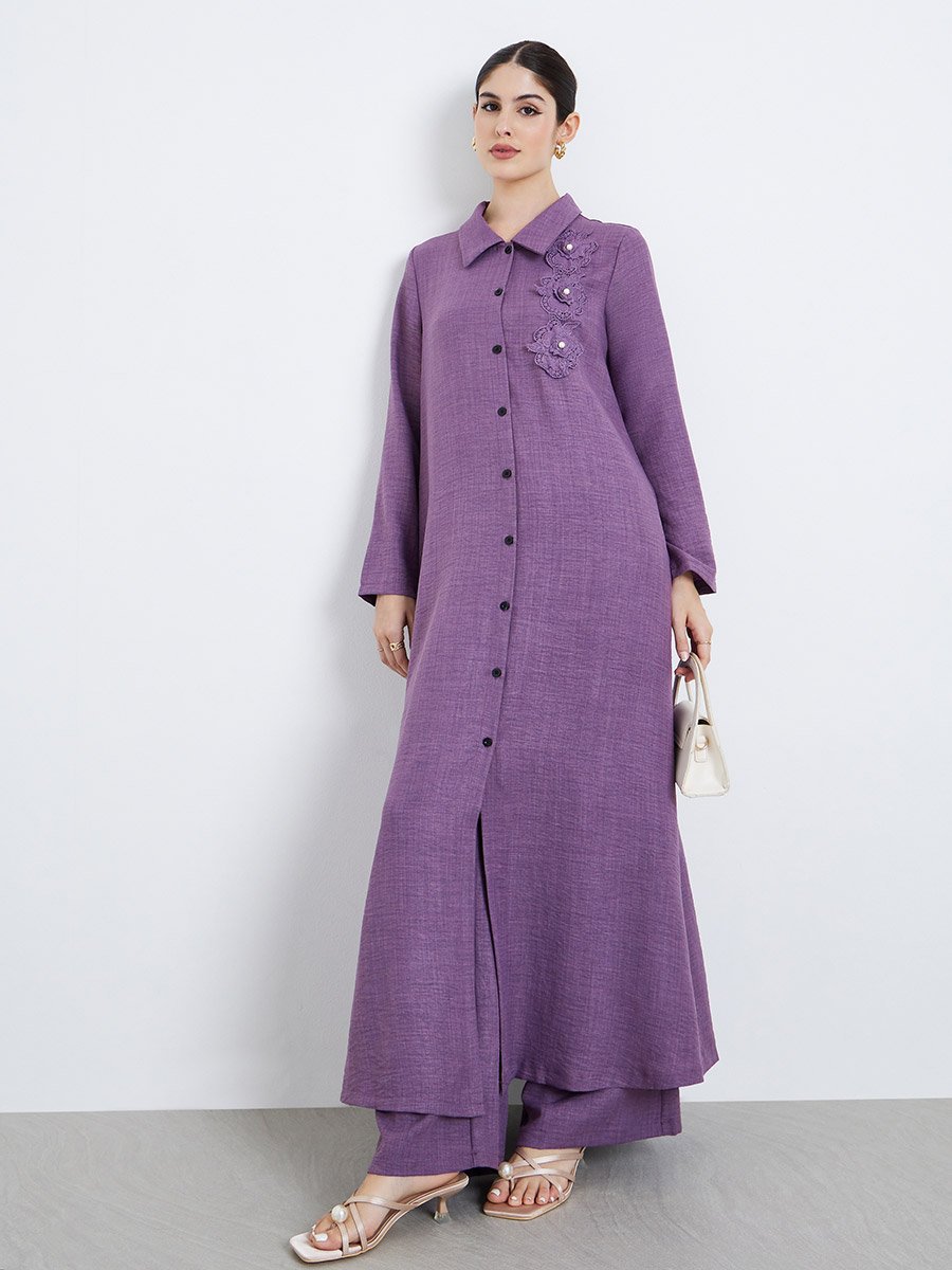 Women Corsage Detail Maxi Shirt and Pants Modest Set