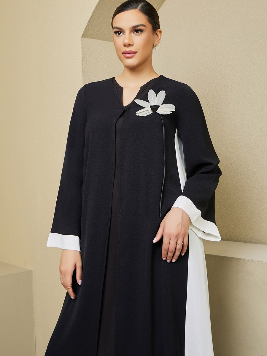 Contrast Side Panel Flared Abaya with Flower Corsage Detail