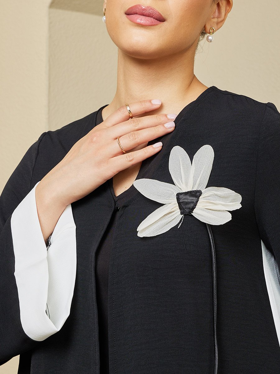 Contrast Side Panel Flared Abaya with Flower Corsage Detail