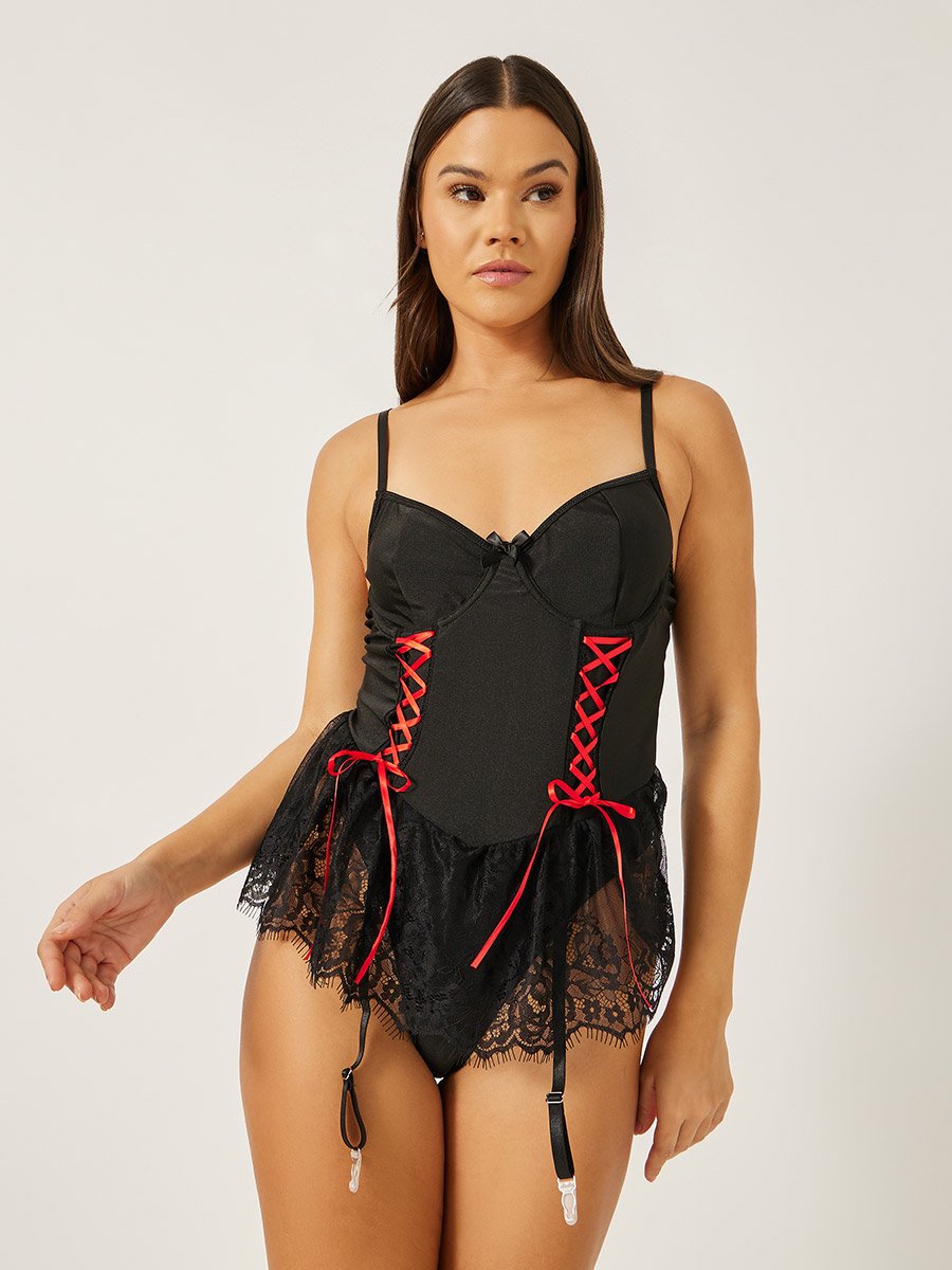 Non-Padded Wired Contrast Lace-Up Bodysuit with Attached Lace Skirt