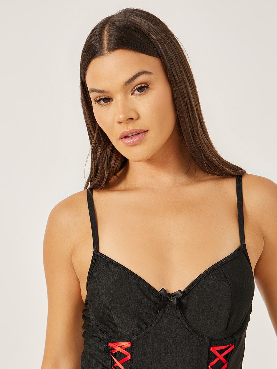 Non-Padded Wired Contrast Lace-Up Bodysuit with Attached Lace Skirt