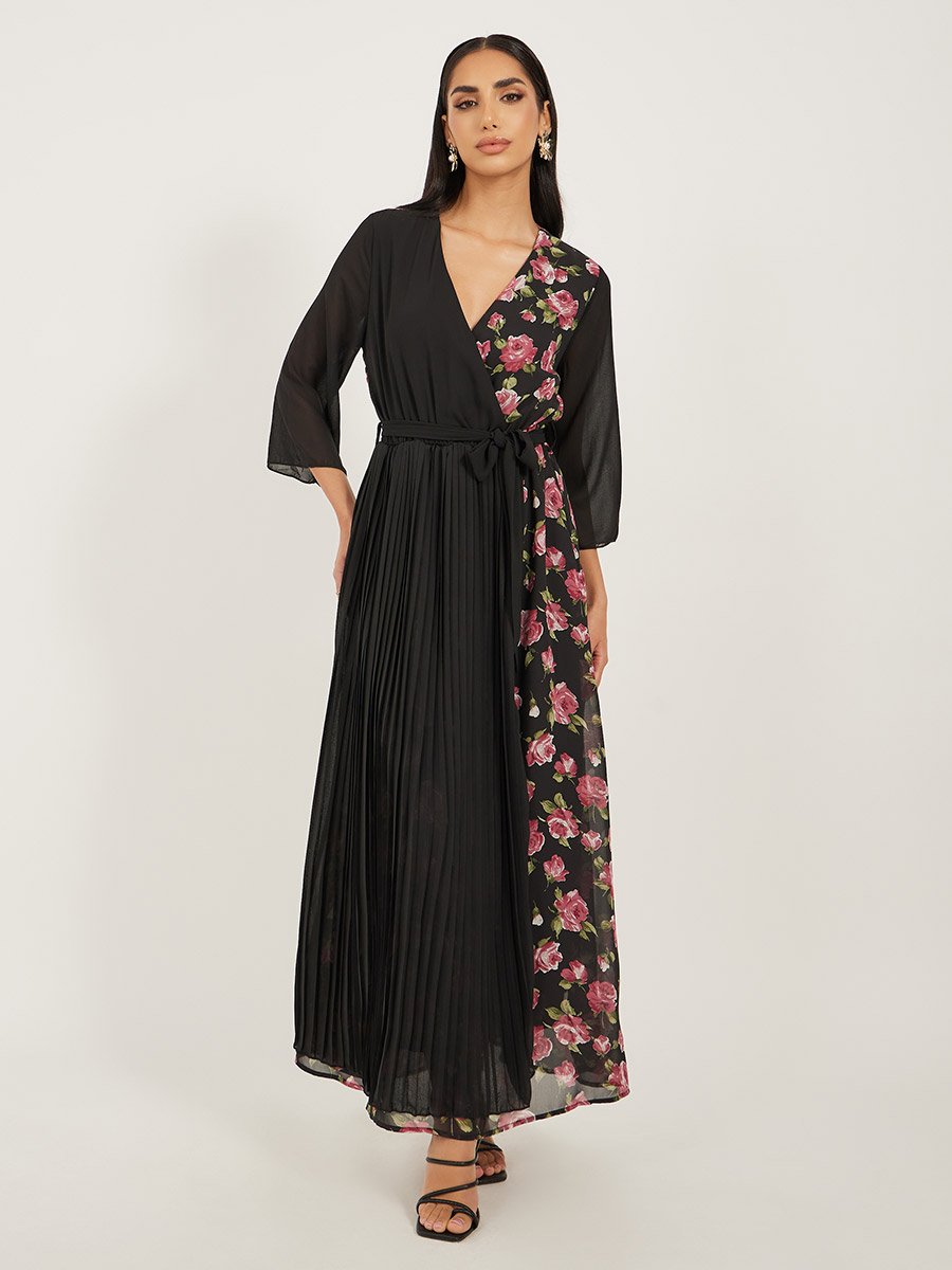 Floral Print 3/4th Sleeves Pleated A-Line Maxi Dress