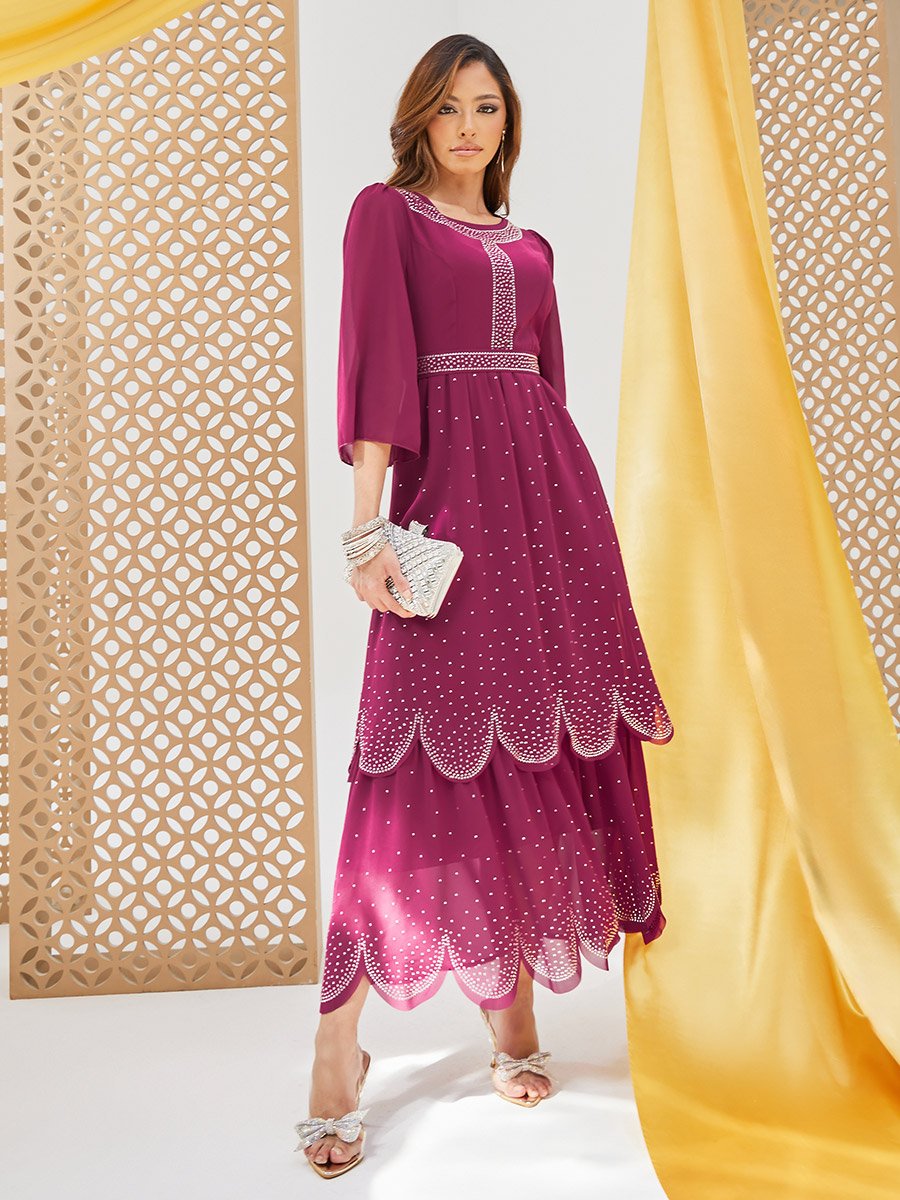 Embellished Round Neck Tiered Maxi Dress with 3/4th Sleeves