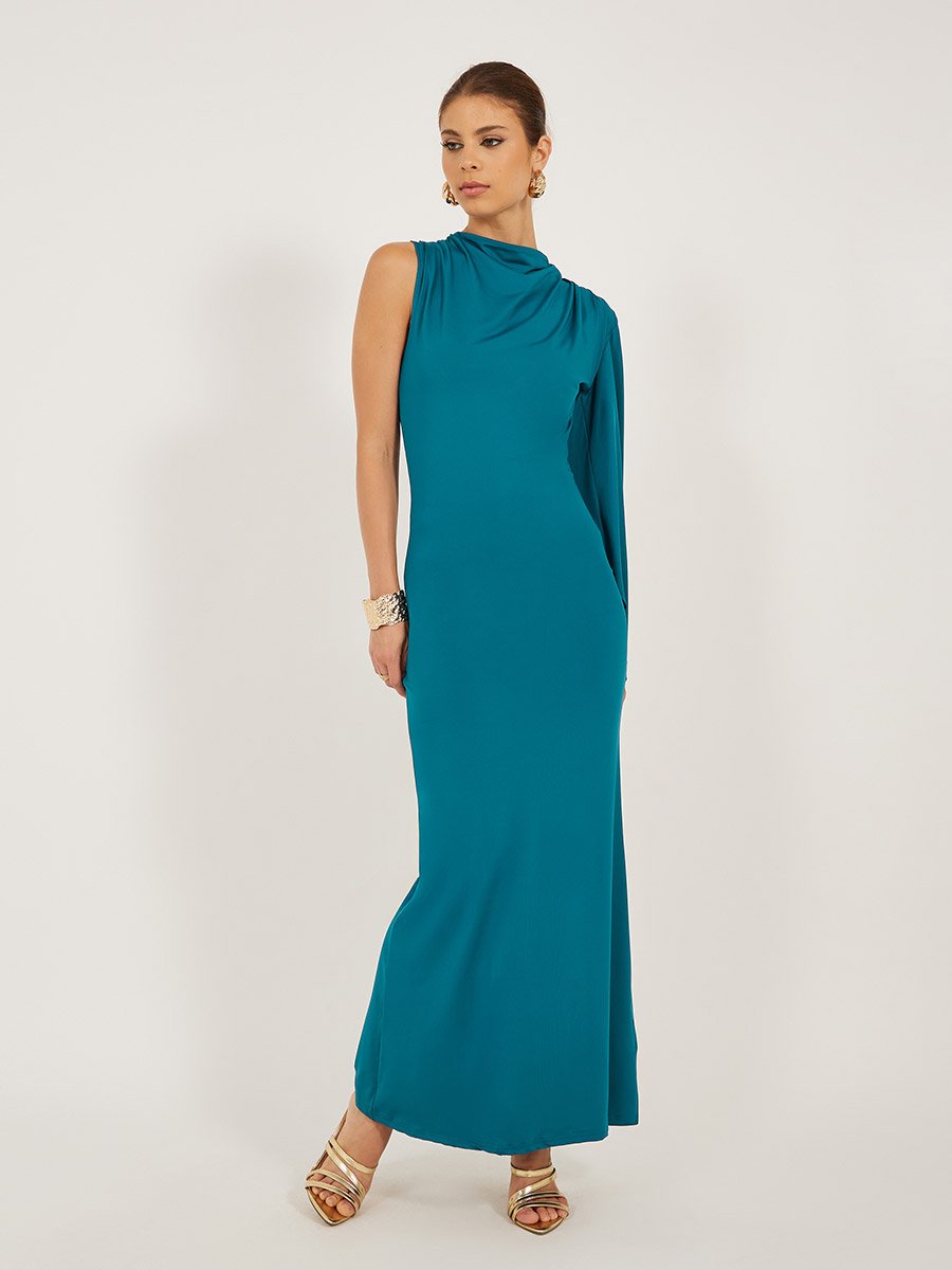 Plain Ruched One Sleeve Sheath Maxi Dress