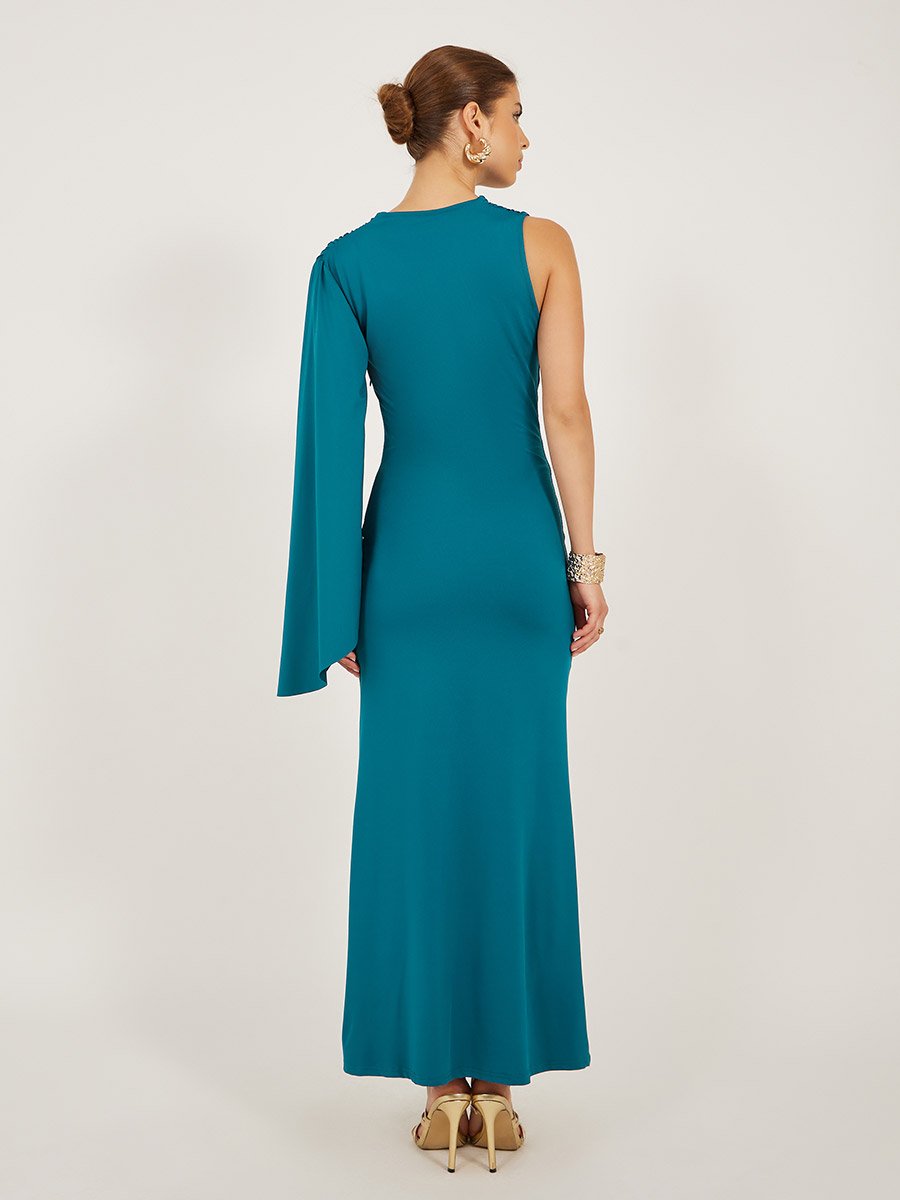 Plain Ruched One Sleeve Sheath Maxi Dress