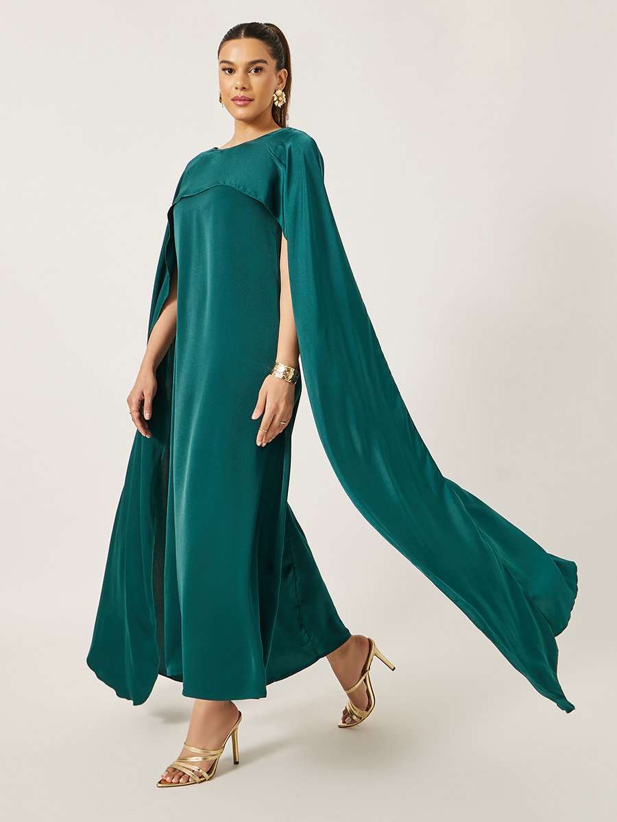 Solid Cape Sleeve Round Neck Maxi Dress