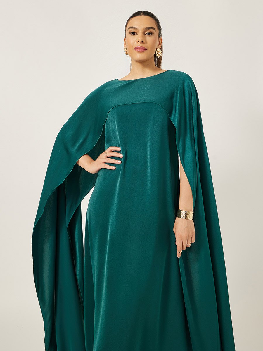 Solid Cape Sleeve Round Neck Maxi Dress