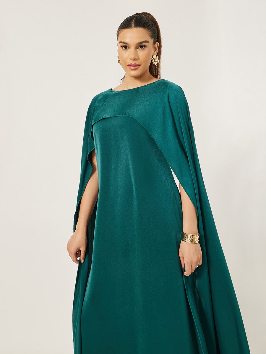 Solid Cape Sleeve Round Neck Maxi Dress