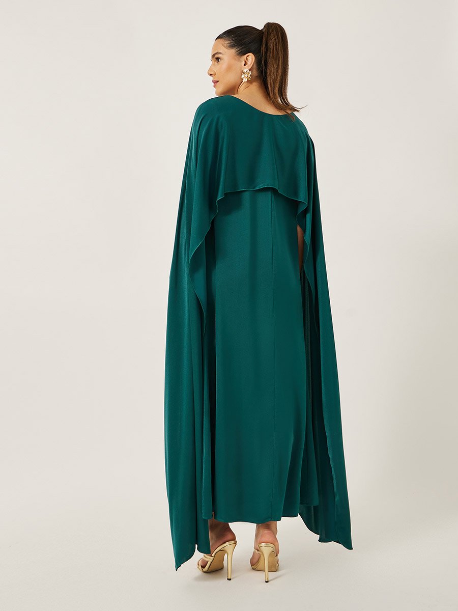 Solid Cape Sleeve Round Neck Maxi Dress