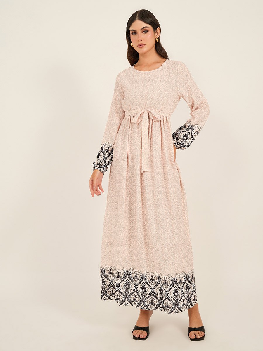 Printed Hem Round Neck A-Line Maxi Dress