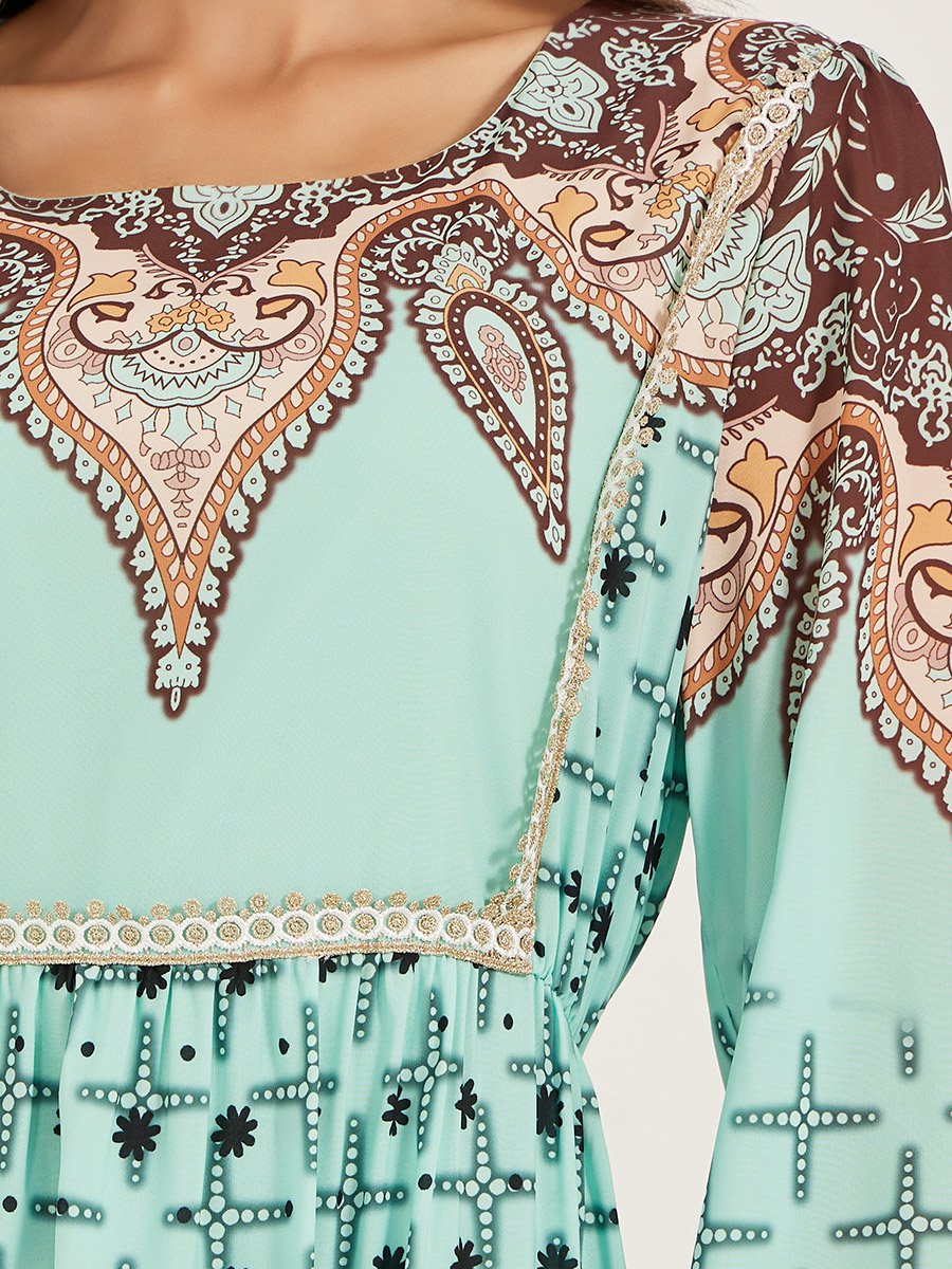 Balloon Sleeves Square Neck A-Line Maxi Dress