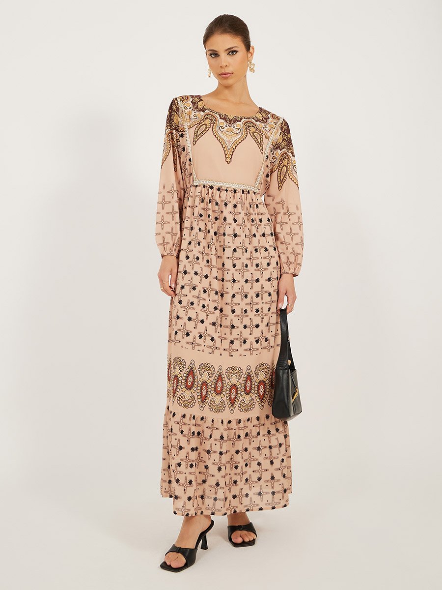 Printed Long Sleeves A-Line Maxi Dress