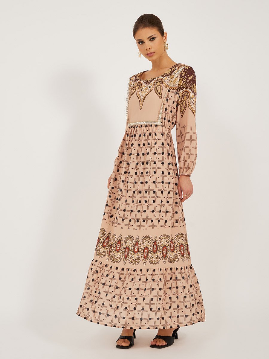 Printed Long Sleeves A-Line Maxi Dress