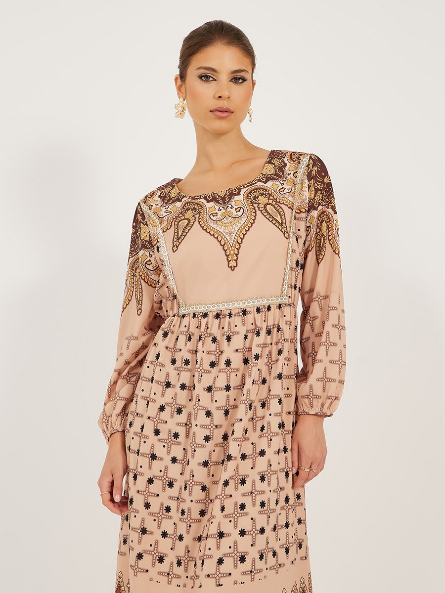 Printed Long Sleeves A-Line Maxi Dress