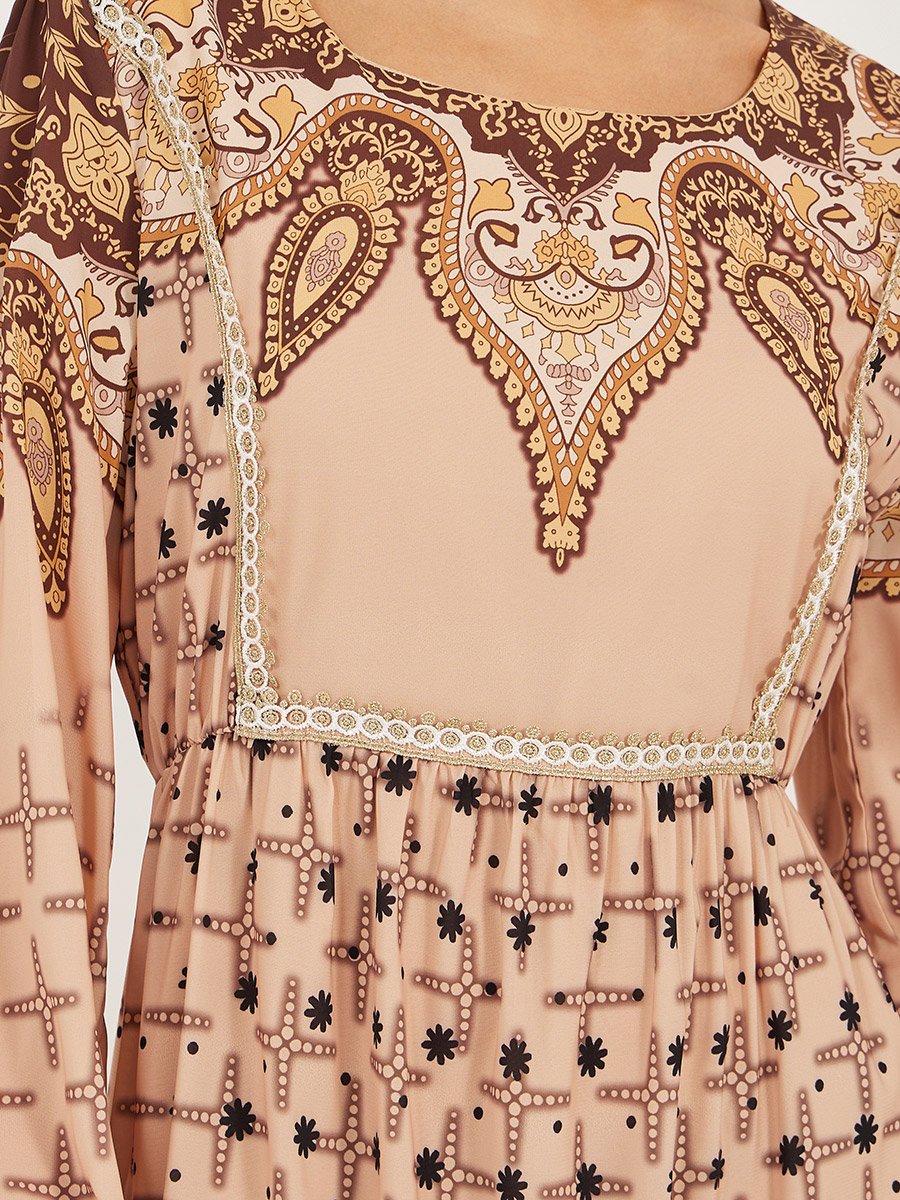 Printed Long Sleeves A-Line Maxi Dress