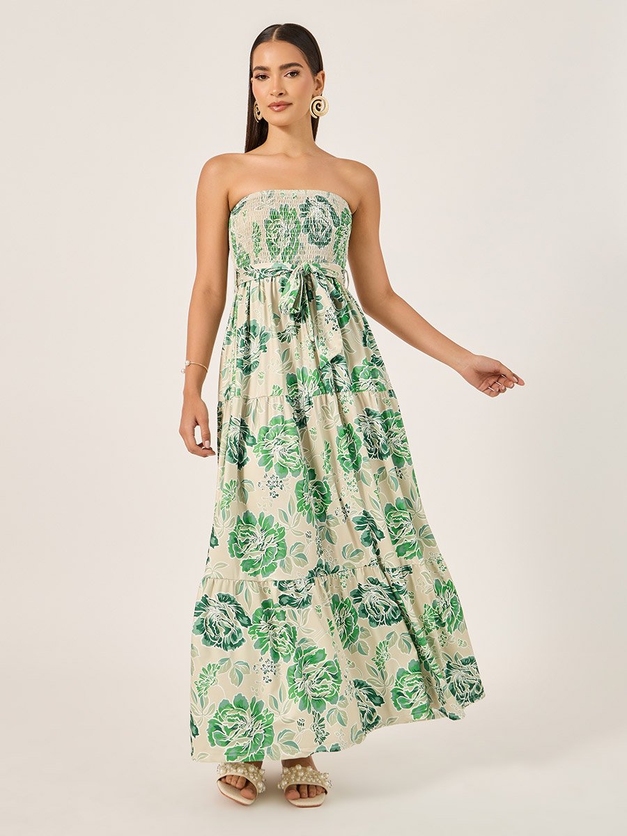 Floral Print Bandeau Neck A-Line Maxi Dress